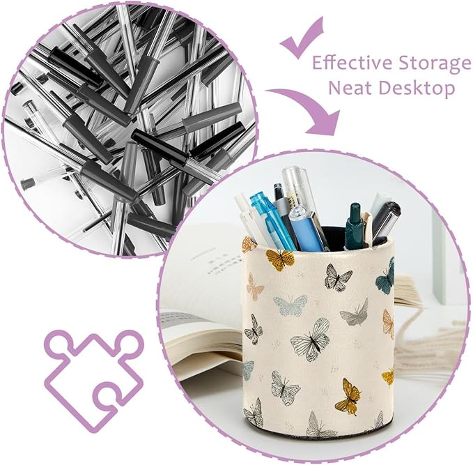 Faux Leather Pen Holder for Desk, Pencil Organizer Butterfly Pen Cup Desk Decor Makeup Brush Holder Storage for Office Home