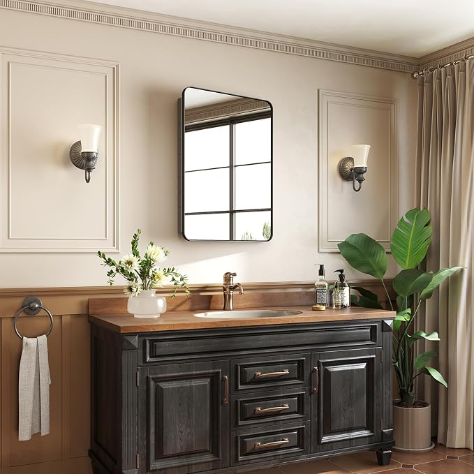 24x32 in Medicine Cabinet with Mirror for Bathroom, Matte Black | Fully Assembled; Recessed or Surface Wall Mount; Metal Cabinet with Tempered Glass Mirror and Two Adjustable Glass Shelves