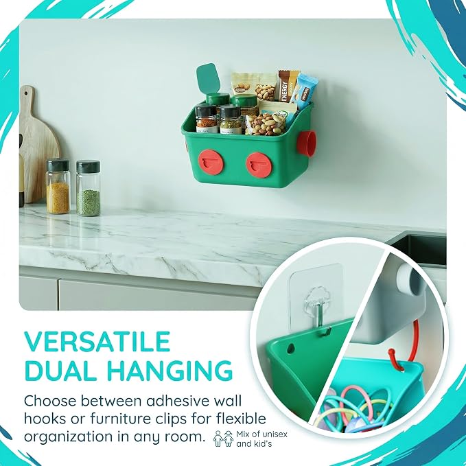 Noamus 6 Pack Bath Toy Storage Organizer Basket, 3 Layers Wall Mounted Hanging Shower Caddy, Plastic Robot Modeling Kitchen Shelf with Hook, No Drilling Colorful Toy Holder for Kid Bathtub Shampoo