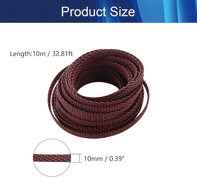 Jutagoss PET Expandable Braided Cable Sleeve, 32.8ft - 3/8 inch Black Red Cable Management Sleeve, Wire Loom Tube Cord Protector for USB Cable, Power Cord, Audio Video and More, 1Pc
