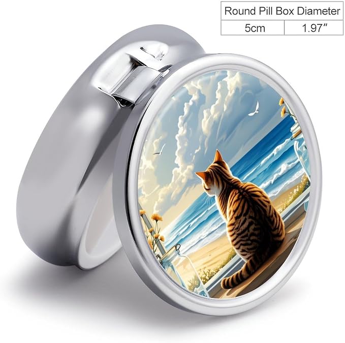 Cat On Windowsill Metal Round Pill Box, 3 Compartment Travel Organizer, Portable Pill Container with Secure Latch, 2 Inch Circular Vitamin Caddy for Pills and Vitamins, Gift for Him Her Elderly