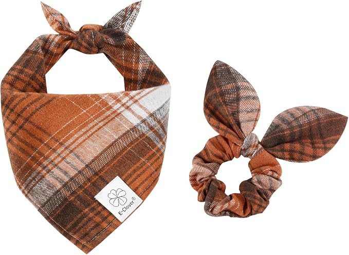 E-Clover Fall Dog Bandanas Matching Dog Bandana and Scrunchie Small | Orange Plaid Dog Bandana Matching Dog and Owner Clothes dog Mom Gifts Girl Dog Bandanas