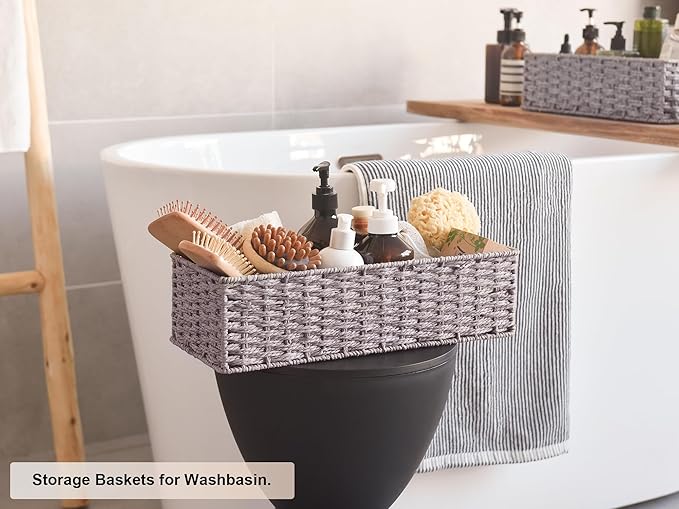 StorageWorks Bathroom Basket Organizer, Wicker Toilet Paper Basket, Gray | Long Narrow Wicker Baskets for Bathroom Decor, Paper Rope Toilet Tank Baskets for Tank Topper, 2 Pack
