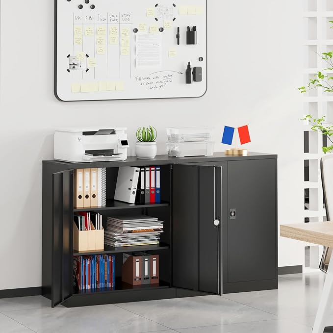 Small Metal Storage Cabinet with Doors and Shelves,36 inch Black Locking Garage Cabinet,Lockable Short Steel Cabinets for Home,Office,Shop,Garage