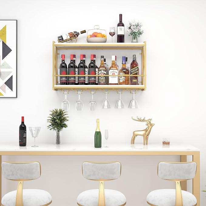Dokser Wine Rack Wall Mounted Shelf - 2 Tier Wine Bottle Holder for Kitchen | 31.5"Gold 2 Tier Wall Wine Rack with Rustic Wood & Industrial Iron Frame, Wine Bottle Holder for Dining Room, Home Bar Decor