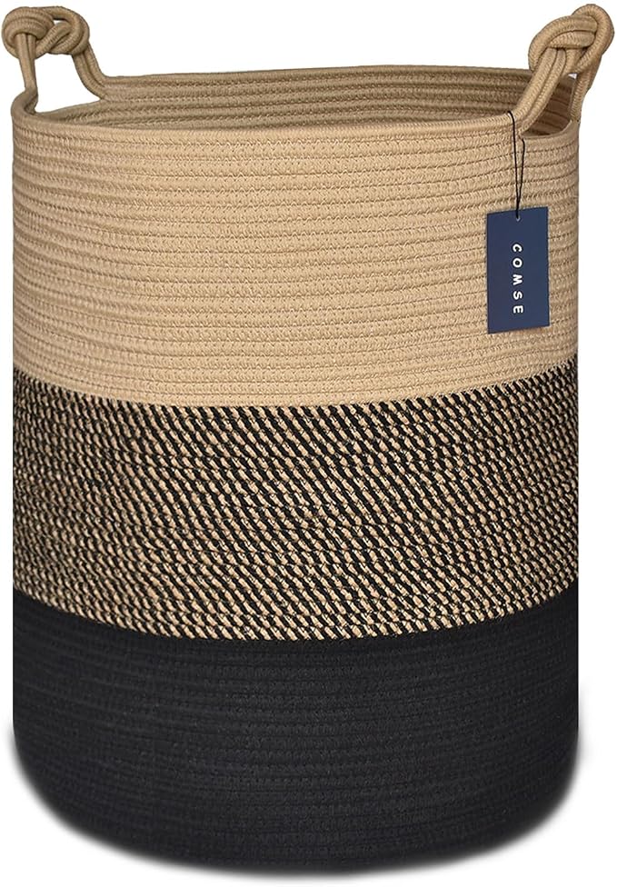 COMSE Tall Woven Blanket & Laundry Basket, 72L, Brown & Black | 15.7”x 21.7”, Cotton Rope, Large Nursery Hamper for Storage of Toys Clothes Towels, Great for Living Rooms Bedrooms Bathrooms
