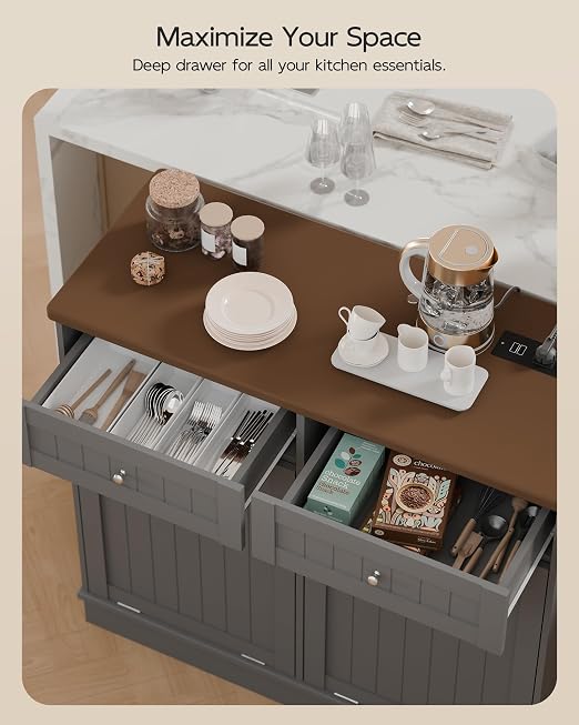 Betterhood Double Tilt Out Trash Cabinet with Power Outlet & USB, Hidden Garbage Can Holder with 2 Storage Drawers, Wooden Laundry Hamper for Kitchen, Bathroom, Living Room, Grey