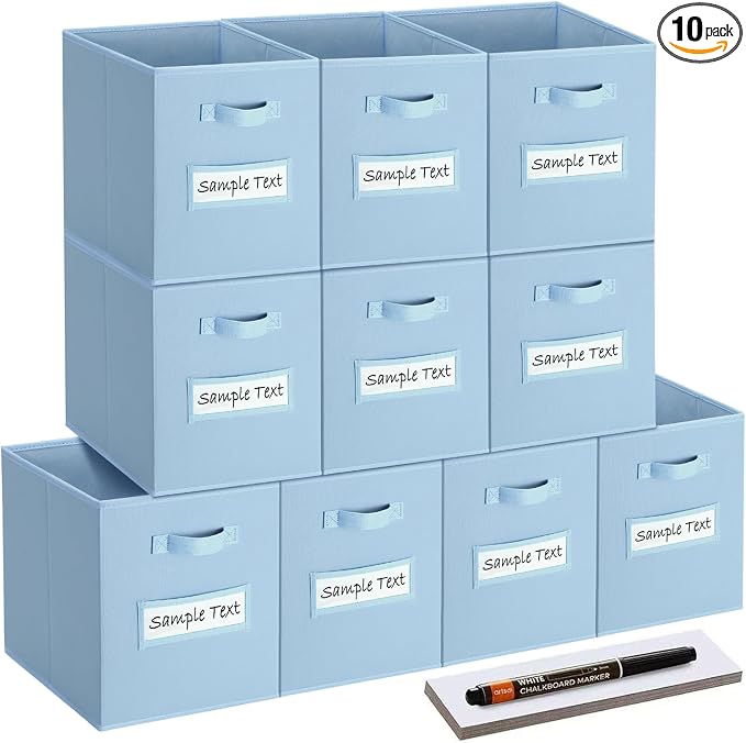 13x13x13 storage cube bins (Set of 10) Fabric storage cubes with 10 Labels Window Cards & a Pen, storage cubes 13x13, Collapsible 13 inch cube storage bins, Cubby Organizer Boxes, Pastel Blue