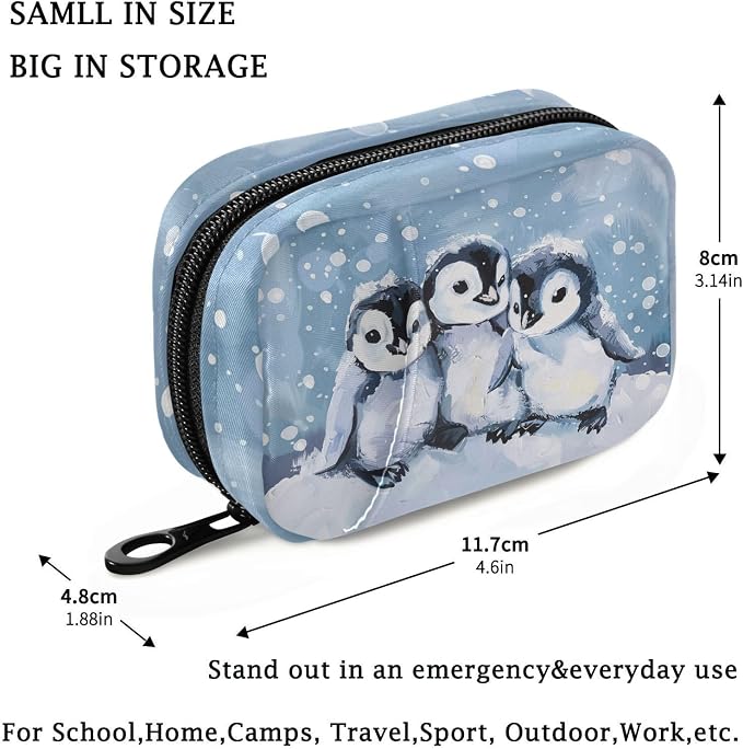 Fustylead Cute Hand Draw Winter Penguins Pill Organizers 2 Times A Day Pill Case Bag with Zipper Portable Weekly Pill Dispensers for Vitamin Supplement
