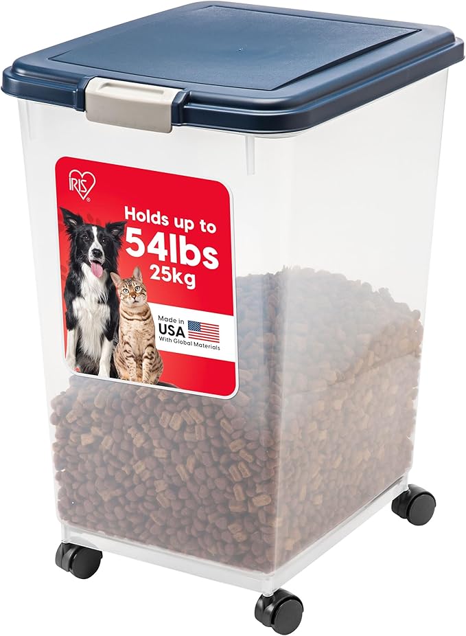 IRIS USA Dog Food Storage Container, Up to 54 lbs, Navy, Made in USA | Wheels for Mobility, Airtight Seal, BPA-Free, Best for Bird Seed, Cat food, Cat Litter, Chicken Feed, Pellets