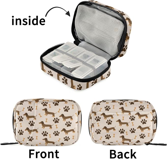 Dog Paw Dachshund Pill Case, Portable Weekly Travel Pill Box Bag Container 7 Days Pill Organizer Vitamin Supplement Holder with Zipper for Family Business
