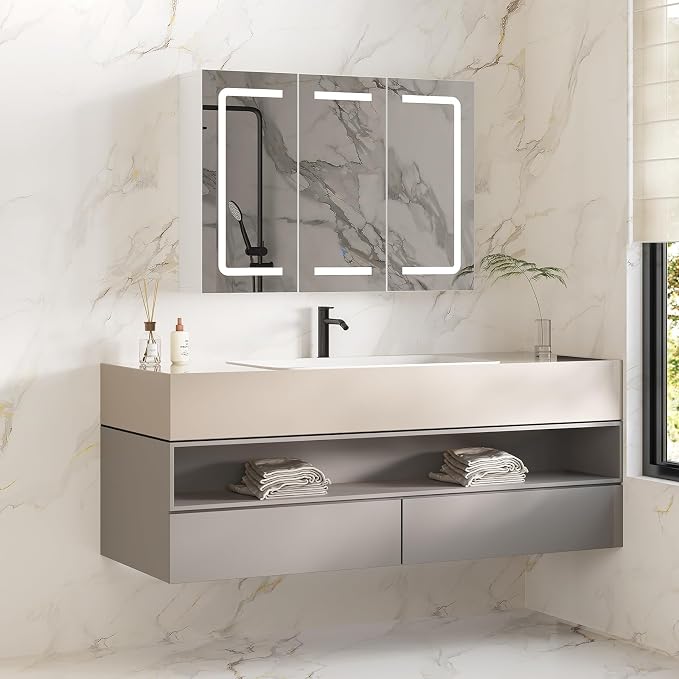 Medicine Cabinet Organizer with Mirror, Lighted Bathroom Medicine Cabinet with Storage, 3 Doors Bathroom Wall Cabinet with LED Lights, Adjustable Shelves & Outlets, 31.5'' x 23.6'', White
