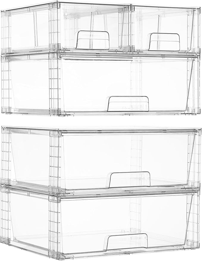 Vtopmart Clear Stackable Storage Drawers, 5 Pack Wide Storage Set | Wide and Small Pull-Out PET Drawers Designed for Large and Small Item Sorting, Cabinets, Closets, Pantry