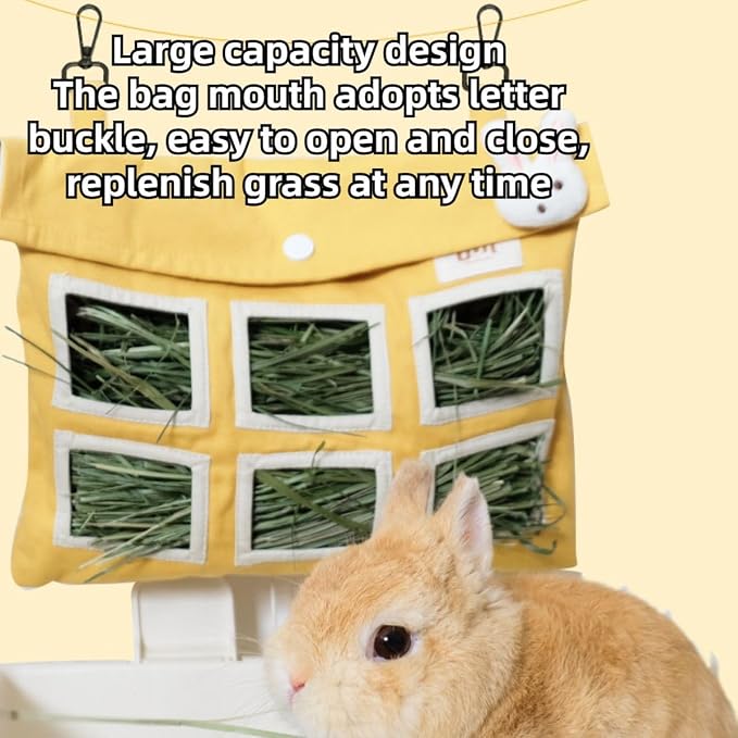 Rabbit Hay Feeder Bag with Cute Pendant, Storage Guinea Pig Feeder Rack Bag, Large Capacity Cotton Canvas Hanging Bag for Bunnies Chinchillas Guinea Pigs (Orange-Pink,L)