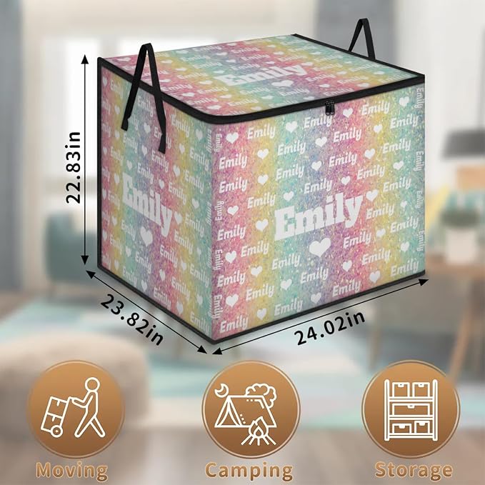 Custom Name Comforter Storage Bin with Lid, Personalized XL Love Heart Pattern Storage Basket Zippers for Organizing Blankets, Bedding Closet Shelf Baskets, Yellow Pale Turquoise Pink Glittering