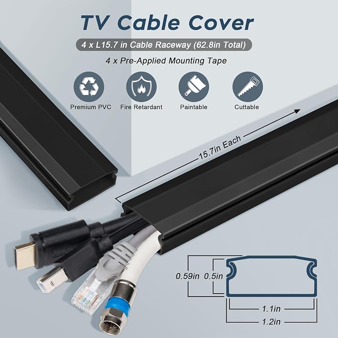 PVC Cord Hider Cable Management Wall, 62.8in TV Cable Hider | Paintable Cable Concealer for Wall Mounted TV, Cable Raceway Black Wire Hider, Wall Wire Covers for Cords, L15.7inW1.2H0.59in