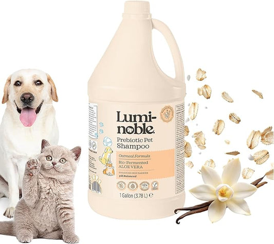 Prebiotic Hypoallergenic Sensitive Dog Shampoo – Oatmeal & Vanilla Scent Formula, Sensitive Skin | Vegan, Paraben-Free, Moisturizing & Deodorizing, Pet Shampoo | Safe for Dogs & Cats – 1 Gallon