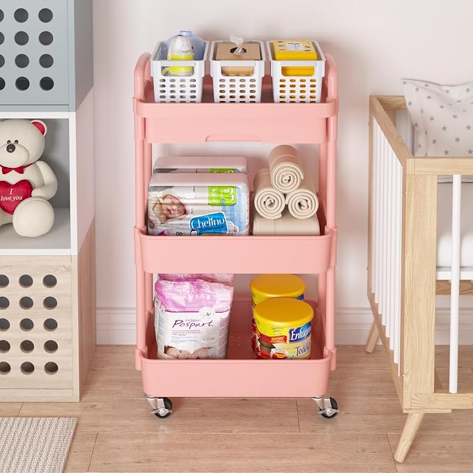 Calmootey 3-Tier Utility Cart with Drawer & Wheels, Storage for Home,Office | Space-Saving Organizer, Sturdy Plastic Shelves, Smooth-Rolling Metal Wheels, Built-in Drawer for Small Items, Pink
