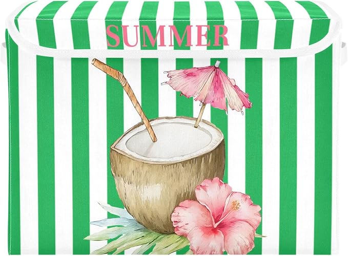 Summer Coconut Fabric Storage Bins with Lid Closet Storage Basket 40L | Foldable & Stackable, Flip Top Dust Guard, Reinforced Handles, Home & Bedroom, Clothes & Toys, Hawaii Print Basket