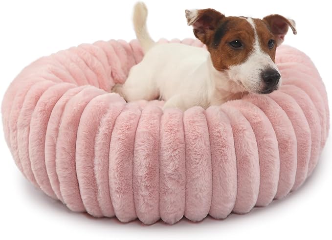 Donut Small Dog Bed Washable Cute Puppy Beds with Corduroy Fleece & Anti Slip Bottom, Round Faux Fur Pet Snuggle Beds for Large Cat, Pink, Small Breed 23x23x5.5 inches