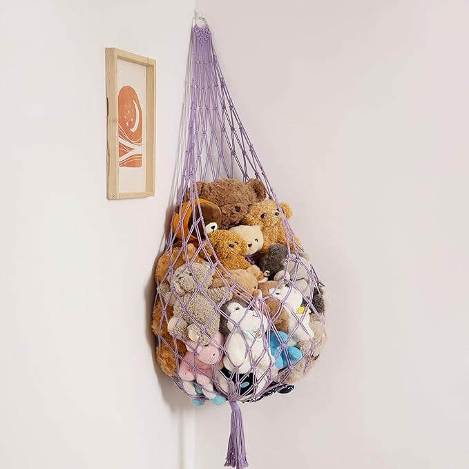 Amdermi Upgrade Stuffed Animal Hammock Corner or Wall Hanging Net for Stuffy Animal Storage Macrame Toy Display Over Door Toy Holder Kid Bedroom Decor Playroom Organizer (Purple XL)
