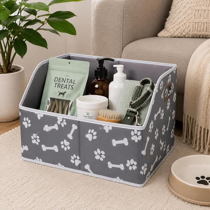 Large Dog Storage Bin, Foldable Trapezoid Box with Handles | Canvas Fabric,Large Capacity, for Pet Supplies,Pet Organizer Basket, Sturdy Metal Handles ,Easy Carry-BonePaw