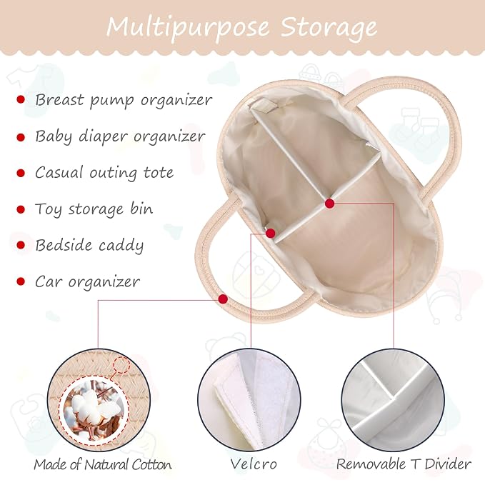 COMSE Baby Diaper Caddy Organizer with Handles, Cotton Rope, Beige