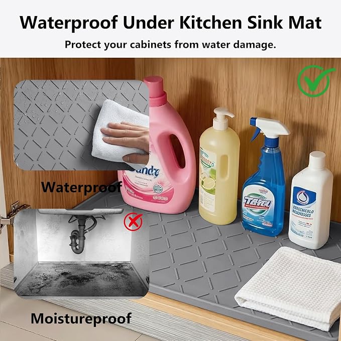 Mateeylife Under Sink Mat Kitchen Waterproof, Silicone Sink Tray 22"X31" | Under Sink Organizer Cabinet Shelf Protective Liner, Multi-use Silicone Mat for Boot Tray & Litter Mat, Dark Grey