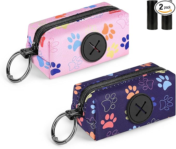 2pack Dog Poop Bag Holder with 2 Roll Bags Lightweight Zipper Dog Poop Bag Holders for Leashes Reusable Small Puppy Pet Waste Bags Dispenser Pouch with Clip Paw Pink/Purple