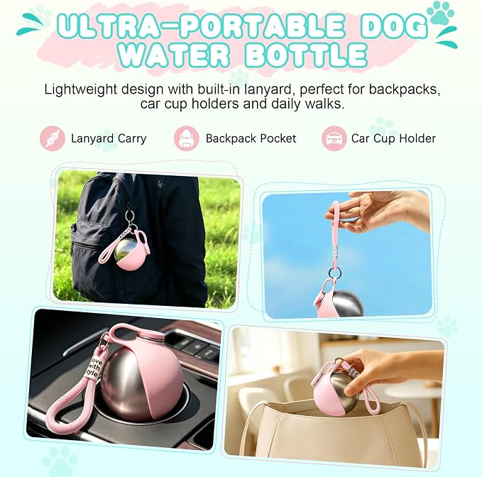 Drain-Back Stainless Steel Portable Dog Water Bottle with Bowl for Walks