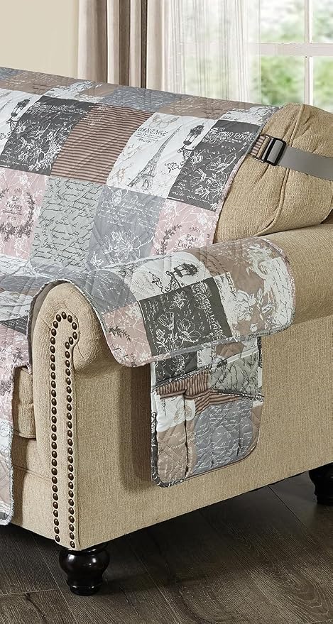 Brilliant Sunshine Latte Grey Toile Couch Armrest Cover, 35"×13" | Washable Magazine Holder, Armrest Organizer & Caddy on Sofa, Recliner, Armchair, Storage for Remote Controls, Phone, iPad