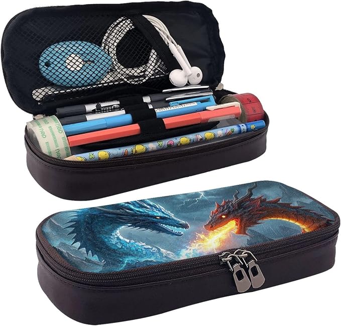 Leather Pen Case with Zipper - Aesthetic Pen Holder Ice Dragon and Fire Dragon Pencil Case for Women & Men - Handcrafted Pencil Bag Multi-Functional Travel Cosmetic Case for Work Office Tool Pouch