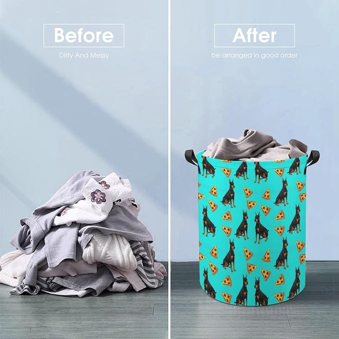Large Laundry Basket with Handles Doberman Pinscher Turquoise Pizza, Collapsible Waterproof Hamper for Clothes, Toys, and Towel Organization at Home