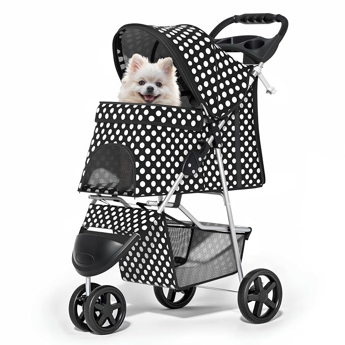 MoNiBloom Pet Stroller for Small/Medium Dogs and Cats, Black Polka Dots | Foldable Dog Stroller 3 Wheels Pet Strolling Cart w/ Storage Basket Cup Holder, Breathable and Visible Mesh for All-Season