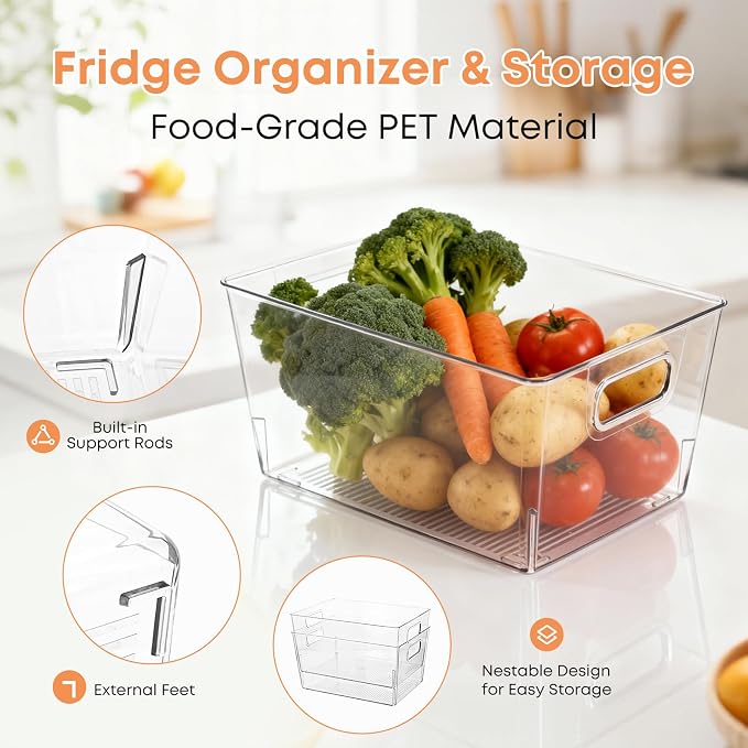 MOONEDGE 8 Pack Clear Plastic Storage Bins 12x8x6in Pantry Organizer | Large Pantry Storage Bins, Cabinet Containers for Under-Sink Storage, Kitchen, Fridge, Bathroom and Home Organization