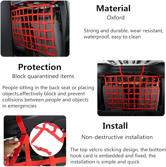 Rear Seat Dog Barrier Net Divider for Jeep Wrangler JK JL JT 2007-2025 | Fits Jeep Wrangler JK JL & Gladiator JT 2/4 Door, Red, Thickened Polyester Pet & Child Safety Barrier, No-Tool Install
