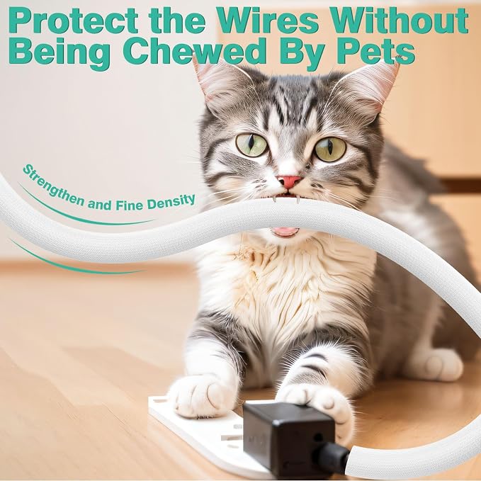 UOMTFAI Dog and Cat Cord Protector 10ft - 3/8inch, Flexible Cable Sleeve for Easy Cord Management, Protects Cables from Pets Chewing, Ideal for USB, Power, Audio and Video Cords - White