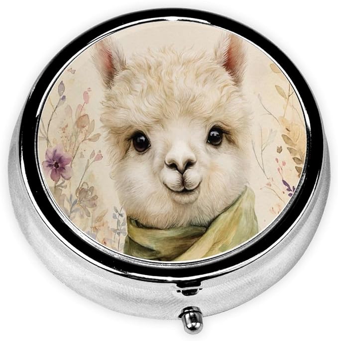 Cute Alpaca Flower Green Portable Pill Organizer | 3 Compartment, With Mirror, For Men Women, For Daily Supplements, Vitamins, Fish Oil, Jewelry, Candy, Travel