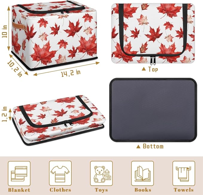 Red Maple Leaf Storage Bins With Zipper Lid, Collapsible Trunk Organizer, Car Organizers and Storage Bins with Lids, Autumn Decorative Storage Boxes with Handle, Home Storage Baskets for Organizing