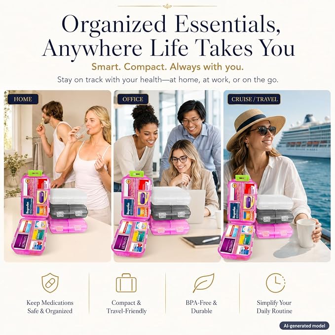 3 Pack Large Pill Organizers with Medicine Labels, Pink White Grey | Set of 3 large pill cases with 3x161 medicine labels for 7-day planning, family use, travel, and separate routines