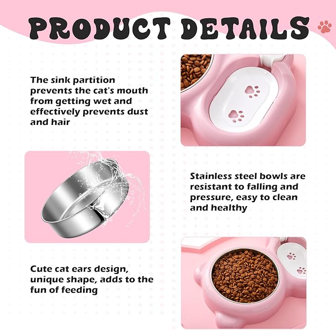 Pink Cat Food and Water Bowl and Non-Slip Silicone Mat Set Stainless Steel Food Bowl with 18.6oz Large Capacity Water Dispenser for Cats and Small Dogs