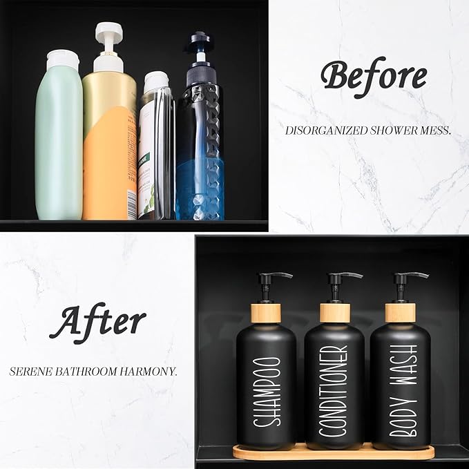 MOMEEMO Black Shower Soap Dispenser Set, Contains 3 Extra-Thick PET Plastic Bottles with Bamboo Pumps, Shampoo Bottles Refillable with Pump Perfect for Guest Room Must Haves. (Black)