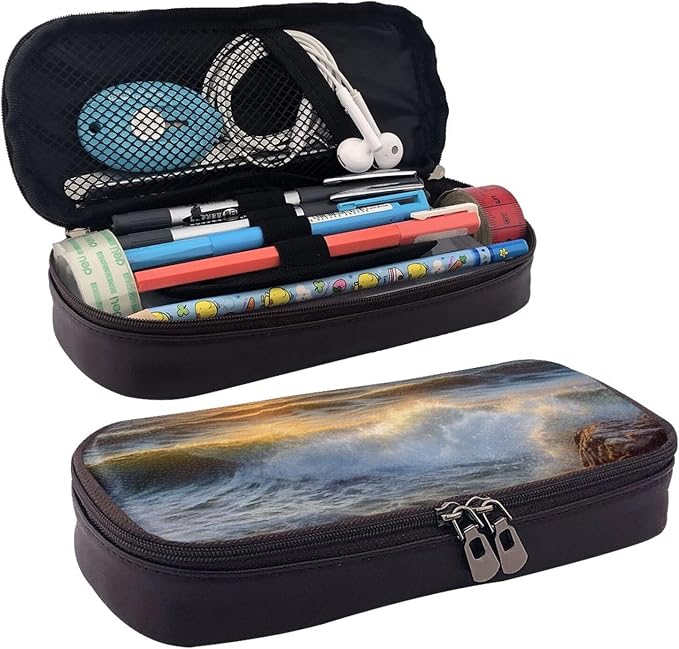 Leather Pencil Case Organizer Big Capacity Pencil Pouch Storage Bag With Compartments Cute Pencil Bag Rocky Wave Sunset Painting Pen Box Portable Cosmetic Makeup Bag Organizer