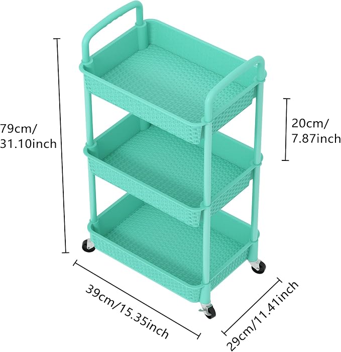 MOYIPIN 3-Tier Plastic Rolling Utility Cart with Handle,Turquoise | Utility Storage Cart for Office, Living Room, Kitchen,Movable Storage Organizer，Easy installation，Rattan-like art design