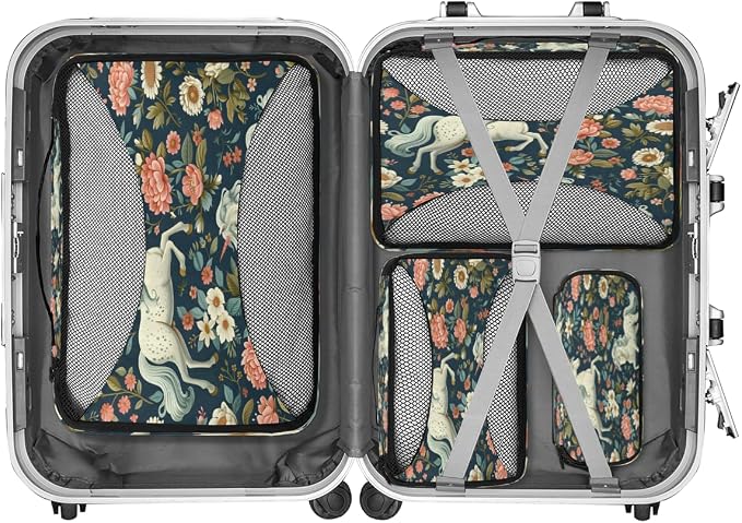 Floral Horse 4 Set Travel Packing Cubes for Accessories, Suitcase Organizers Luggage Bags Set with Double Zippers & Mesh Top