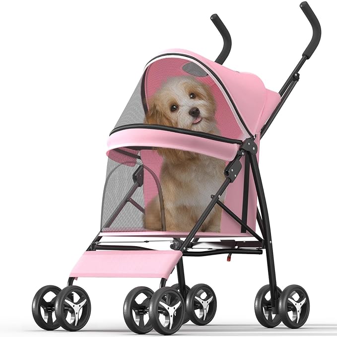 OS MOTOR 4 Wheels Pet Stroller for Small Medium Pets, Pink | Foldable Carrier Jogger, Rear Wheel Breaks, Storage Basket, Visible Mesh Weather Cover, Portable, Dog, Cat, Puppy, Kitty