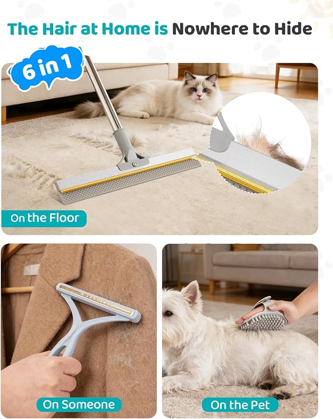 Carpet Rake for Pet Hair Removal, Reusable Pet Hair Remover Tool with 54 Inch Adjustable Long Handle, 3 Piece Carpet Scraper Set with Pet Bath Brush for Rugs, Carpets, Couch and Furniture