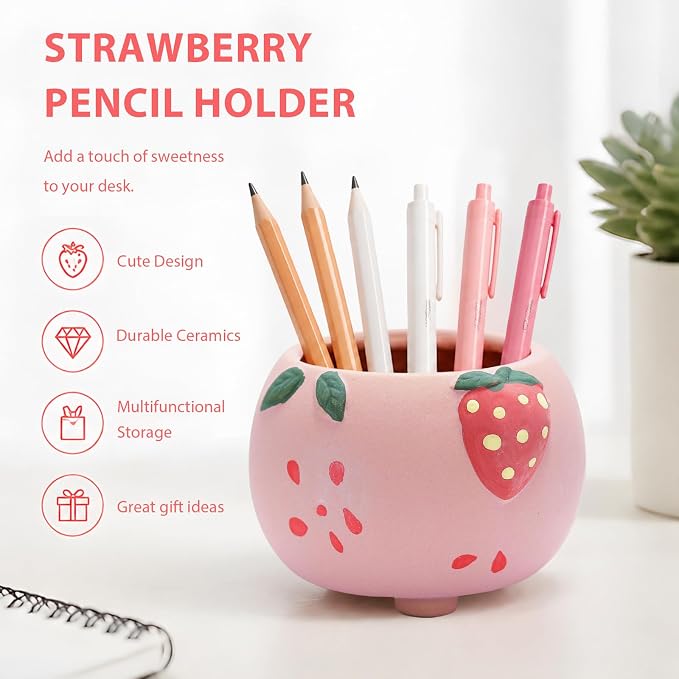 Ceramic Strawberry Shaped Pen Pencil Holder for Desk Decoration Accessories Strawberry Decor Makeup Brush Pen Cups Succulent Plant Pot Office School Ideal Gifts for Women, Mom or Birthdays (red)