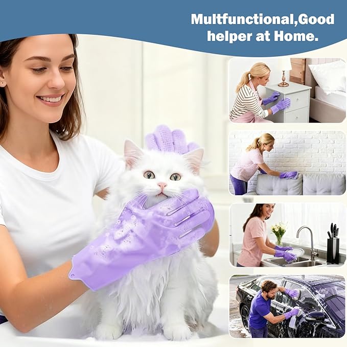 Pet Grooming Gloves for Cats Dogs, 3000 Silicone Grooves Bathing Gloves, Wet Dry Dual Use Washing Massage Gloves, Pet Bath Supplies for Gentle Cleaning Grooming （Purple）