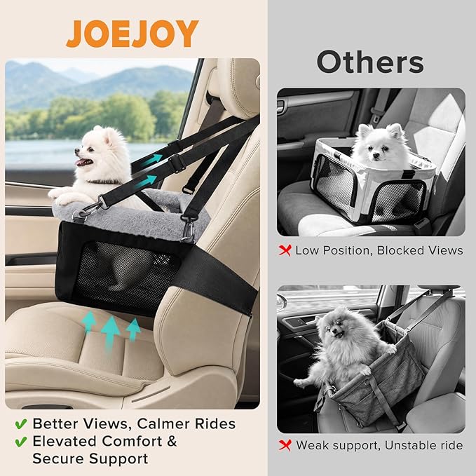 JOEJOY Deluxe Dog Booster Seat with Sturdy Metal Frame and Safety Leash for Small Pets up to 20 lbs - Portable Puppy Dog Car Seat with Thick Cushion and Storage Pockets for Small Dogs, Black